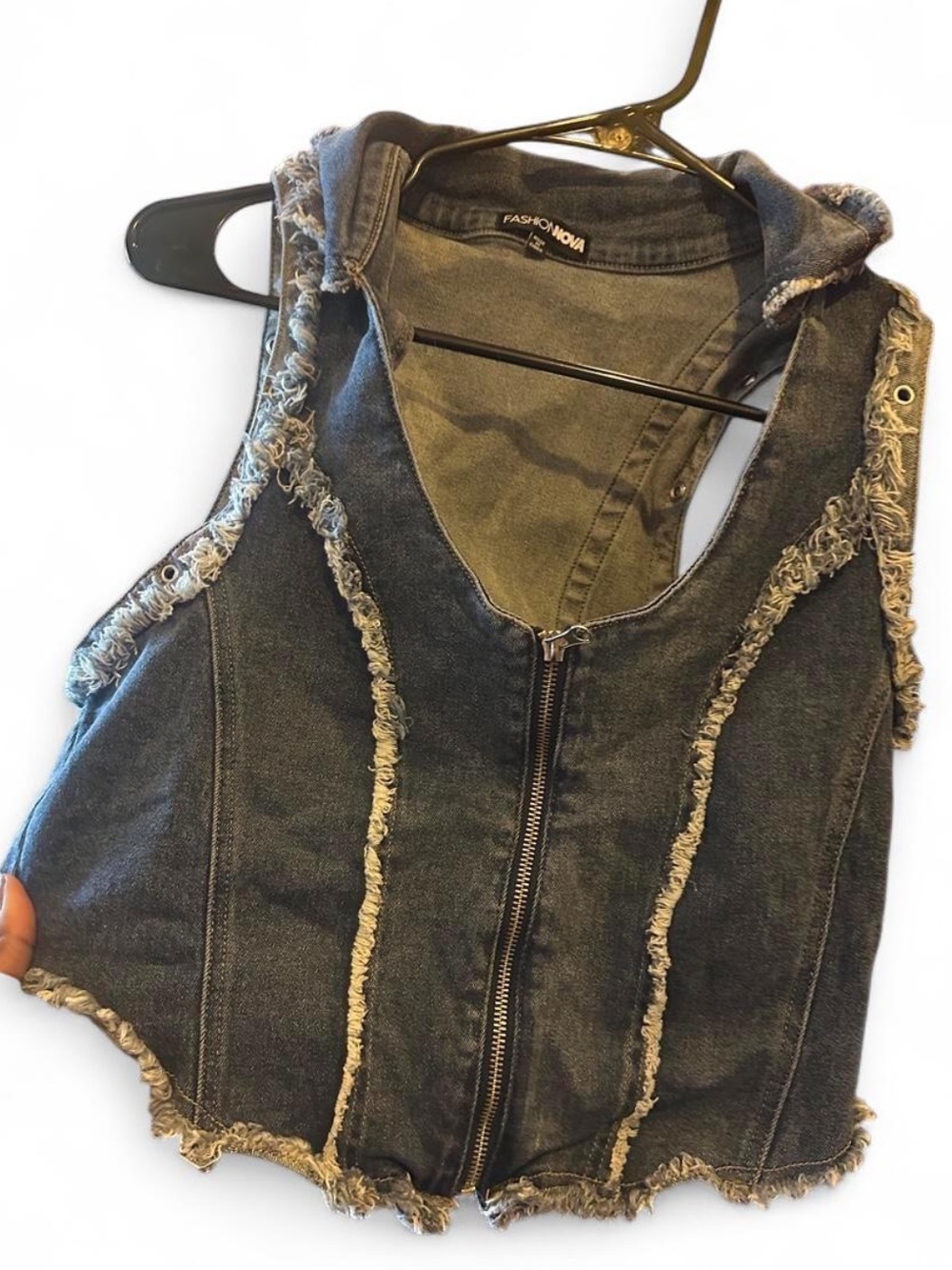 Fashion Nova Black Distressed Denim Hooded Vest